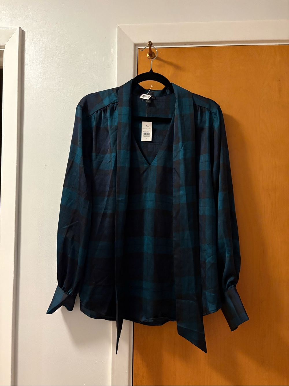 Ann Taylor Teal & Black Plaid Lightweight Shirt - Size L